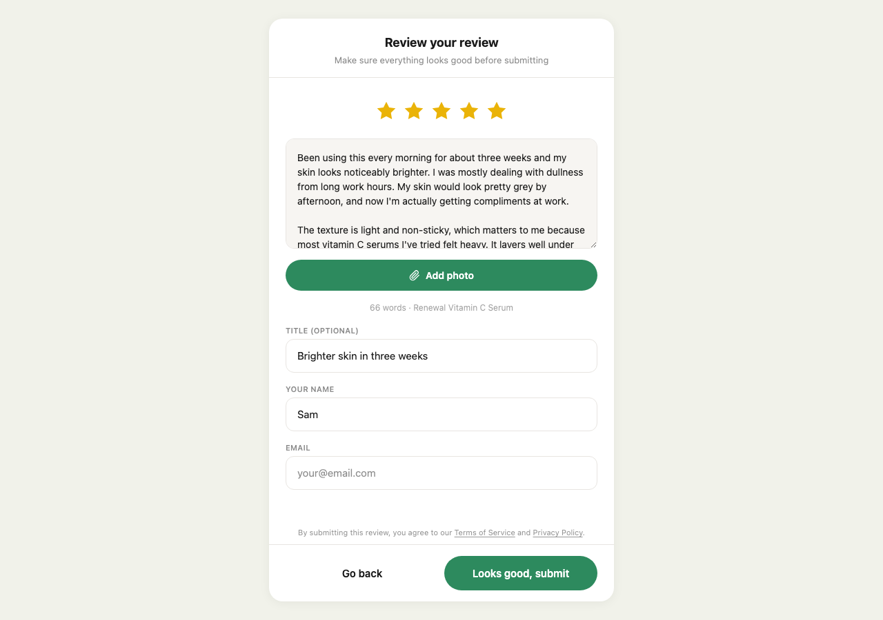 Draft review screen with editable title, body, rating, and name