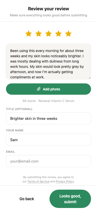 Draft review screen with editable title, body, rating, and name