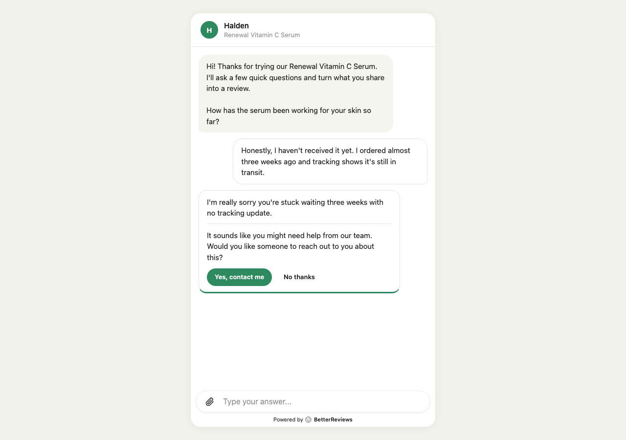 Support card offering to contact the merchant team