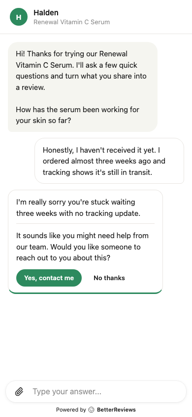 Support card offering to contact the merchant team