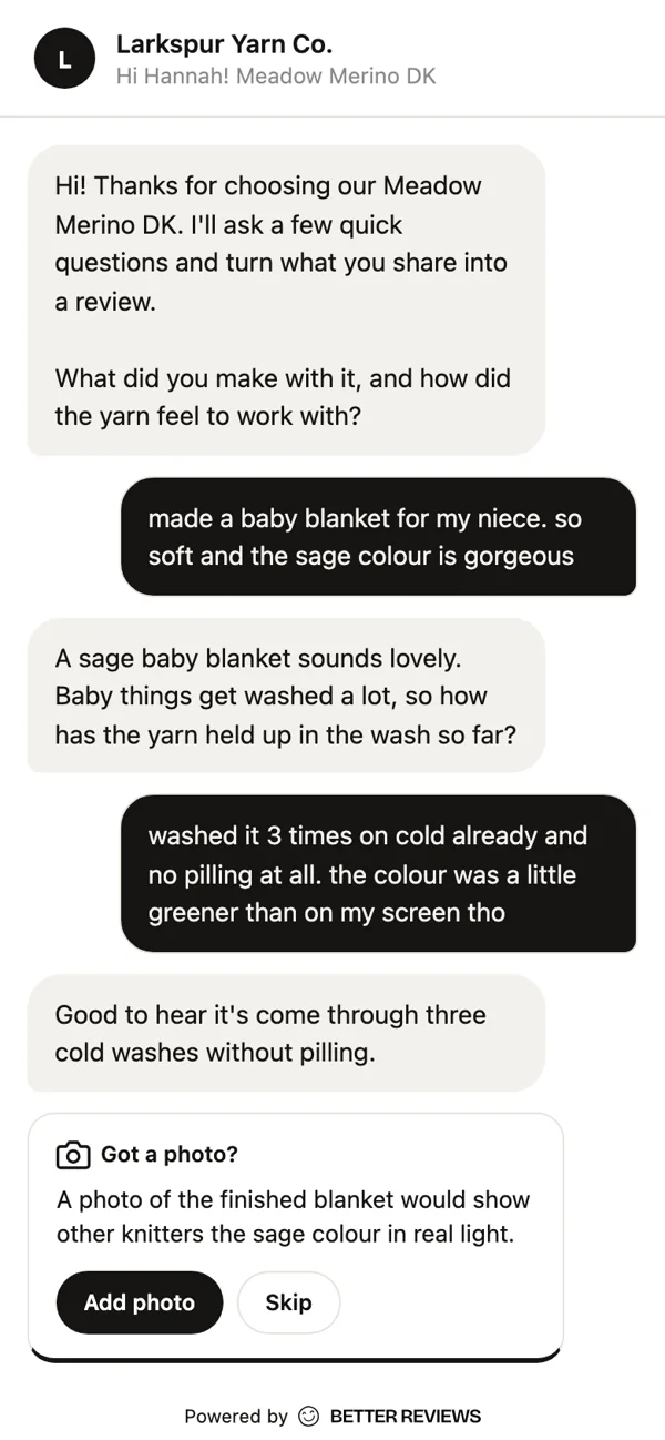 The review chat: a shopper answers two questions about Meadow Merino DK yarn, then gets a photo prompt